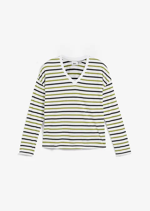 bonprix Langarmshirt aus Bio-Baumwolle mit V-Ausschnitt - weiß