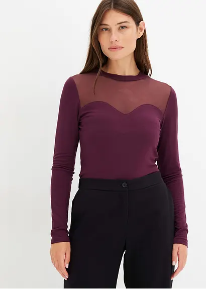 Bonprix Langarmshirt Mit Transparenten Dekollete - Braun