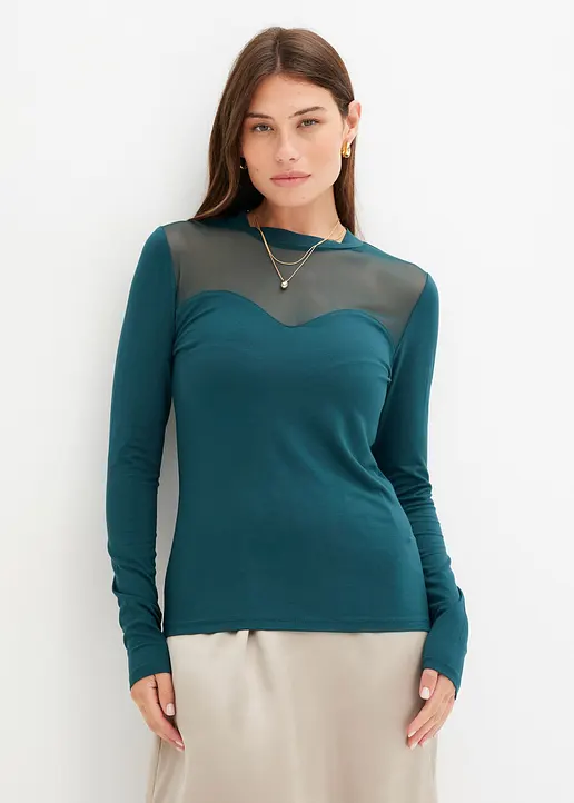Bonprix Langarmshirt Mit Transparenten Dekollete - Petrol