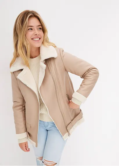 Bonprix Lange Shearling-Jacke Mit Fellimitat Und Dekorativem Gürtel