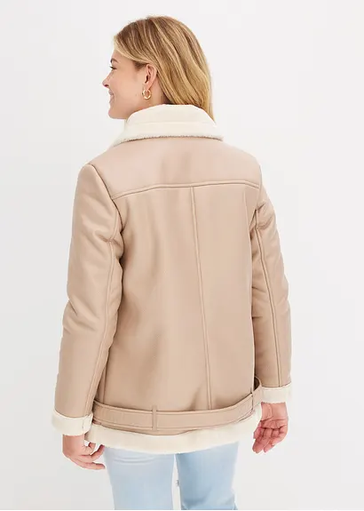Bonprix Lange Shearling-Jacke Mit Fellimitat Und Dekorativem Gürtel
