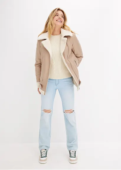 Bonprix Lange Shearling-Jacke Mit Fellimitat Und Dekorativem Gürtel