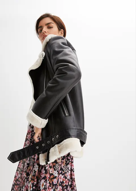 Bonprix Lange Shearling-Jacke Mit Fellimitat Und Dekorativem Gürtel