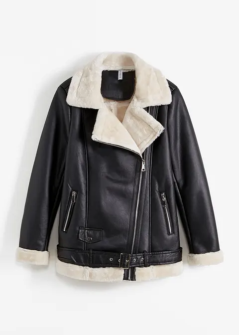 bonprix Lange Shearling-Jacke mit Fellimitat und dekorativem Gürtel