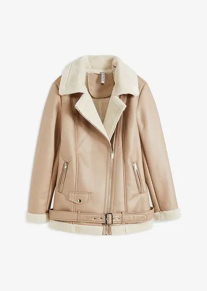 bonprix Lange Shearling-Jacke mit Fellimitat und dekorativem Gürtel