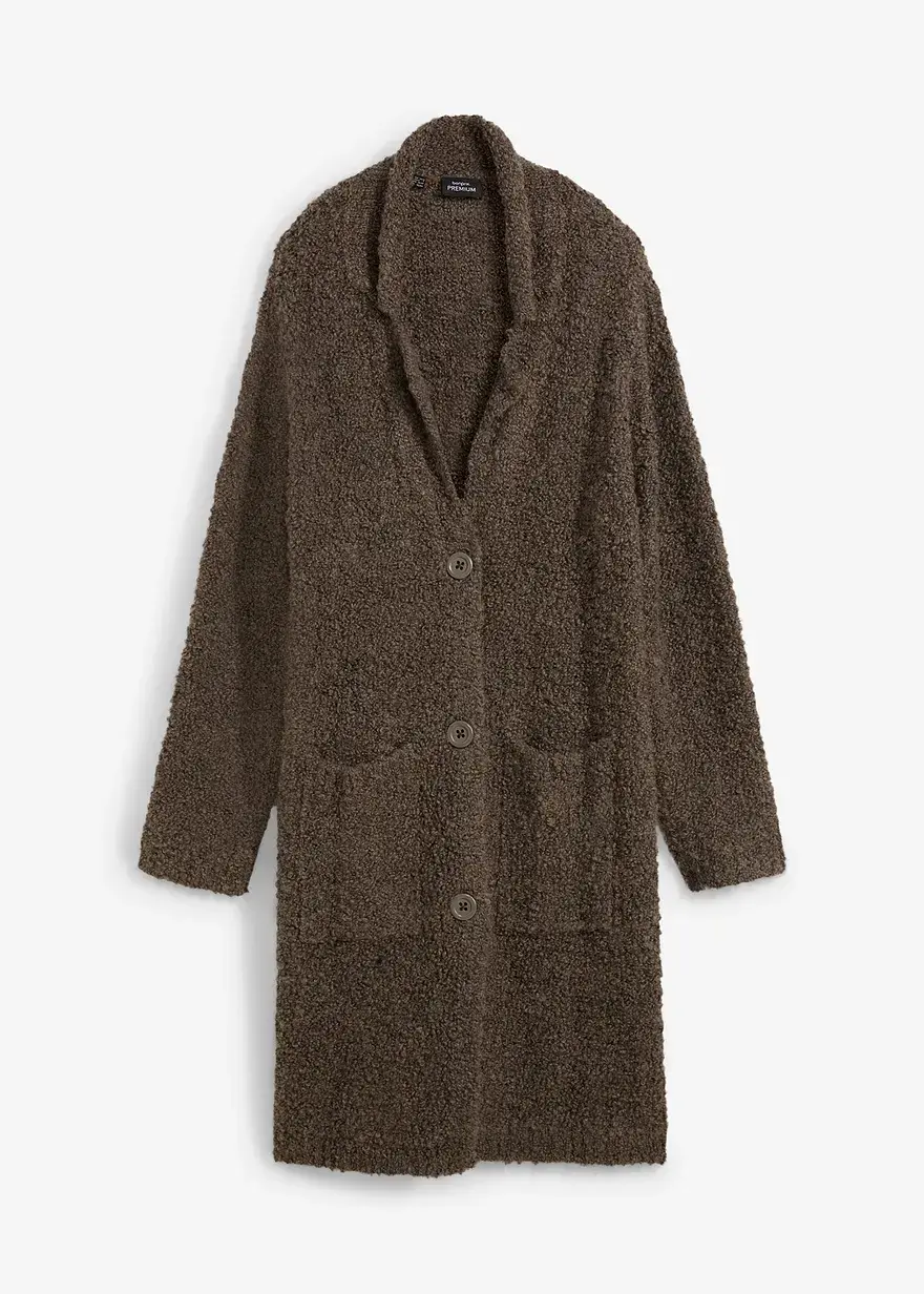 bonprix lange Strickjacke mit Reverskragen aus flauschigen Wollmix mit aufgesetzten Taschen
