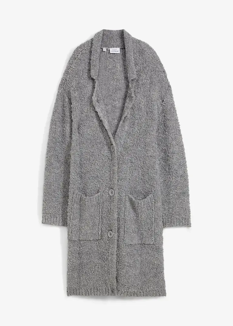 bonprix lange Strickjacke mit Reverskragen aus flauschigen Wollmix mit aufgesetzten Taschen