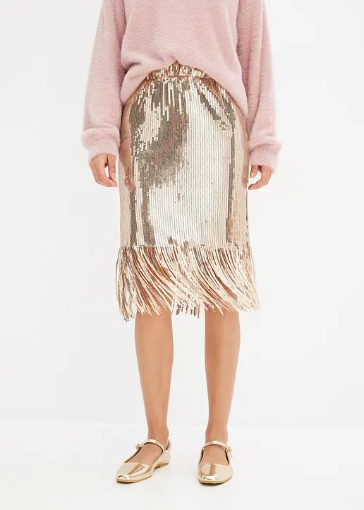 Bonprix Langer Pailletten Rock Mit Bequembund - Grau - Damen