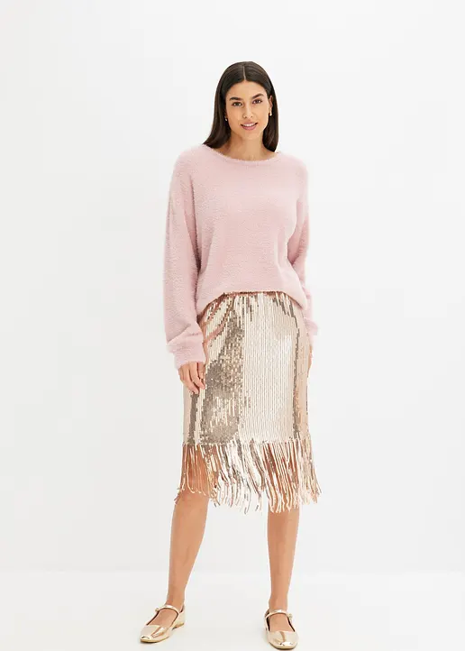 Bonprix Langer Pailletten Rock Mit Bequembund - Grau - Damen