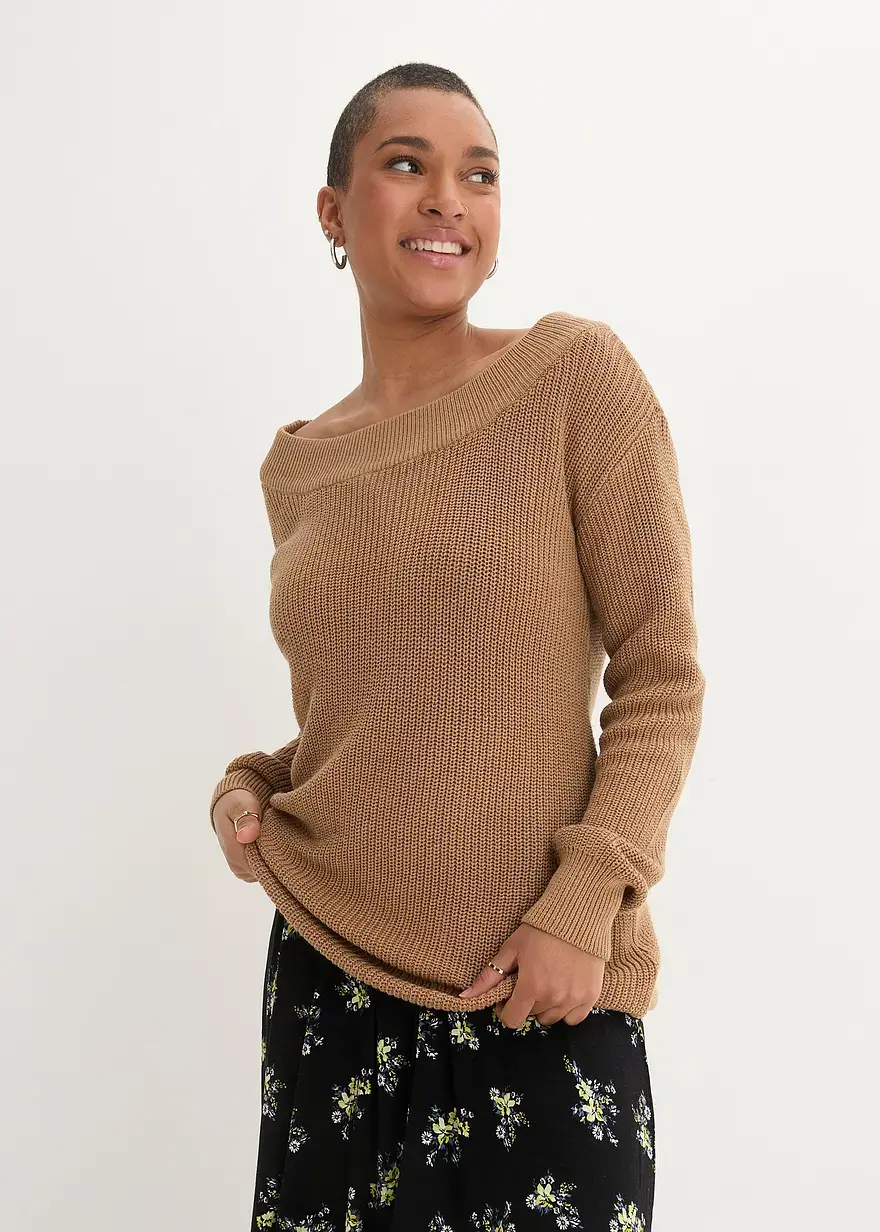 Bonprix Langer Pullover In Rippstrick-Optik Mit U-Bootausschnitt - Braun