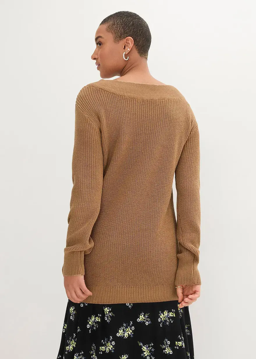 Bonprix Langer Pullover In Rippstrick-Optik Mit U-Bootausschnitt - Braun