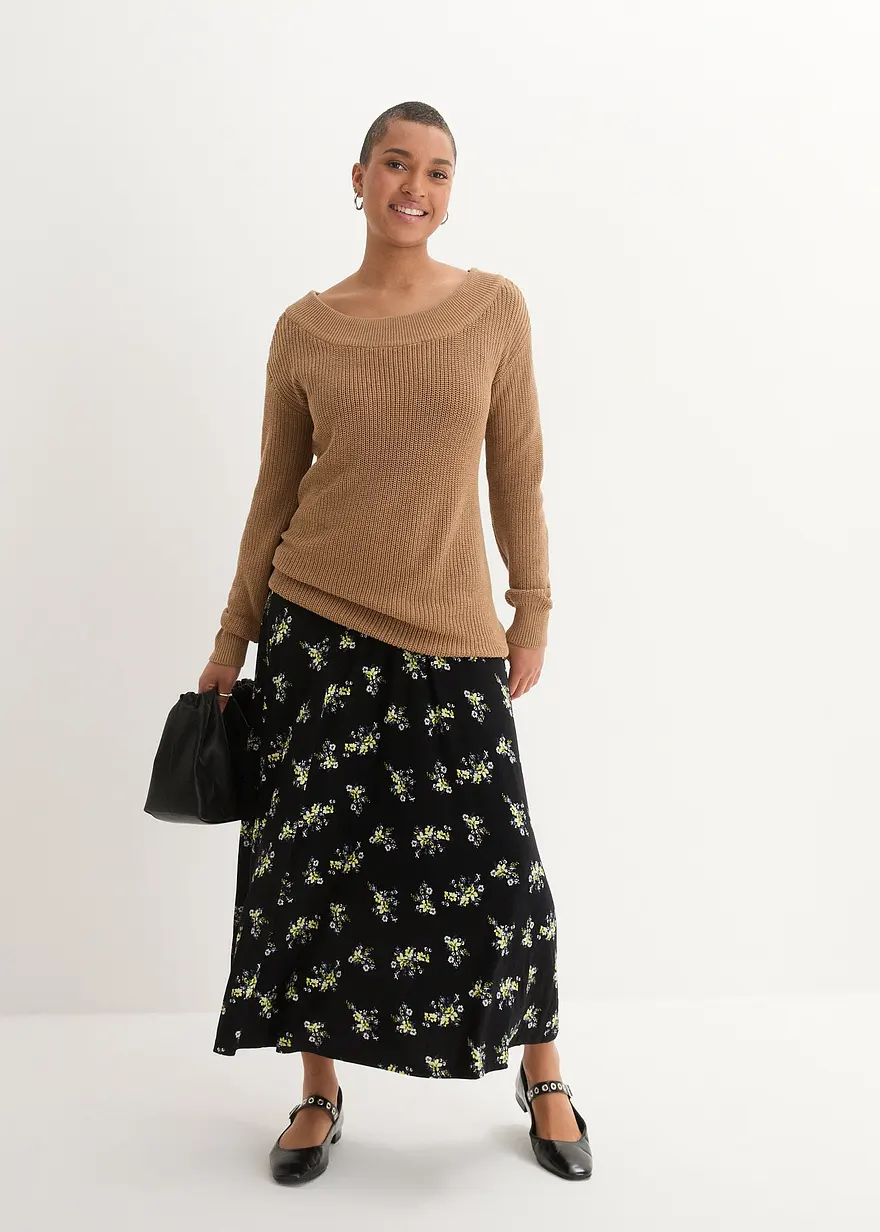 Bonprix Langer Pullover In Rippstrick-Optik Mit U-Bootausschnitt - Braun