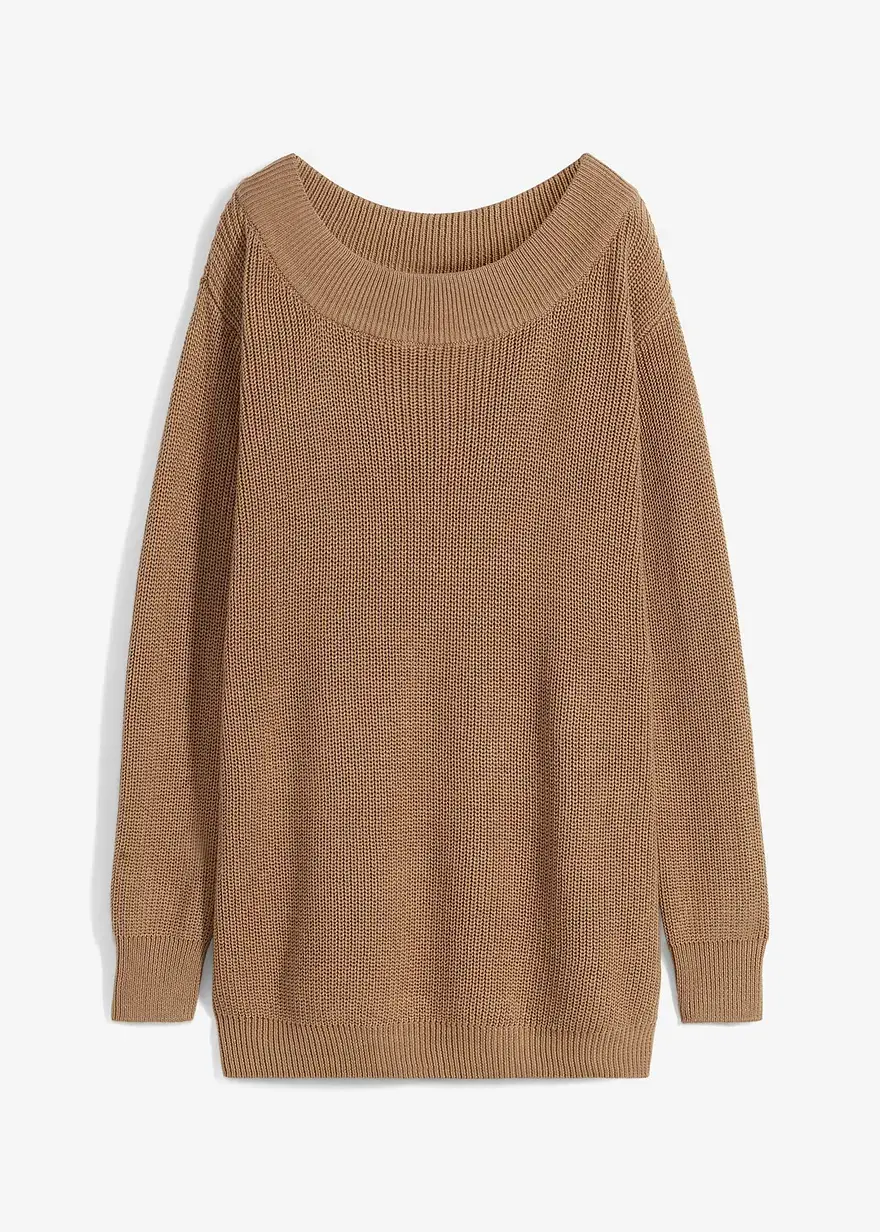 bonprix Langer Pullover in Rippstrick-Optik mit U-Bootausschnitt - braun