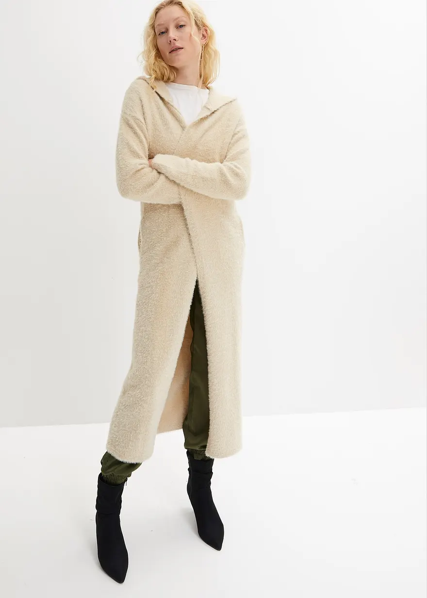 Bonprix Langer Strickmantel Mit Kapuze Mit Viskose - Beige