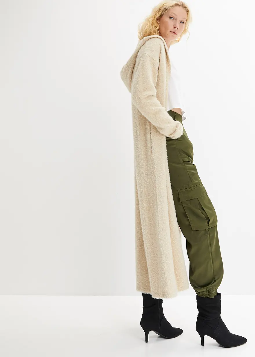 Bonprix Langer Strickmantel Mit Kapuze Mit Viskose - Beige