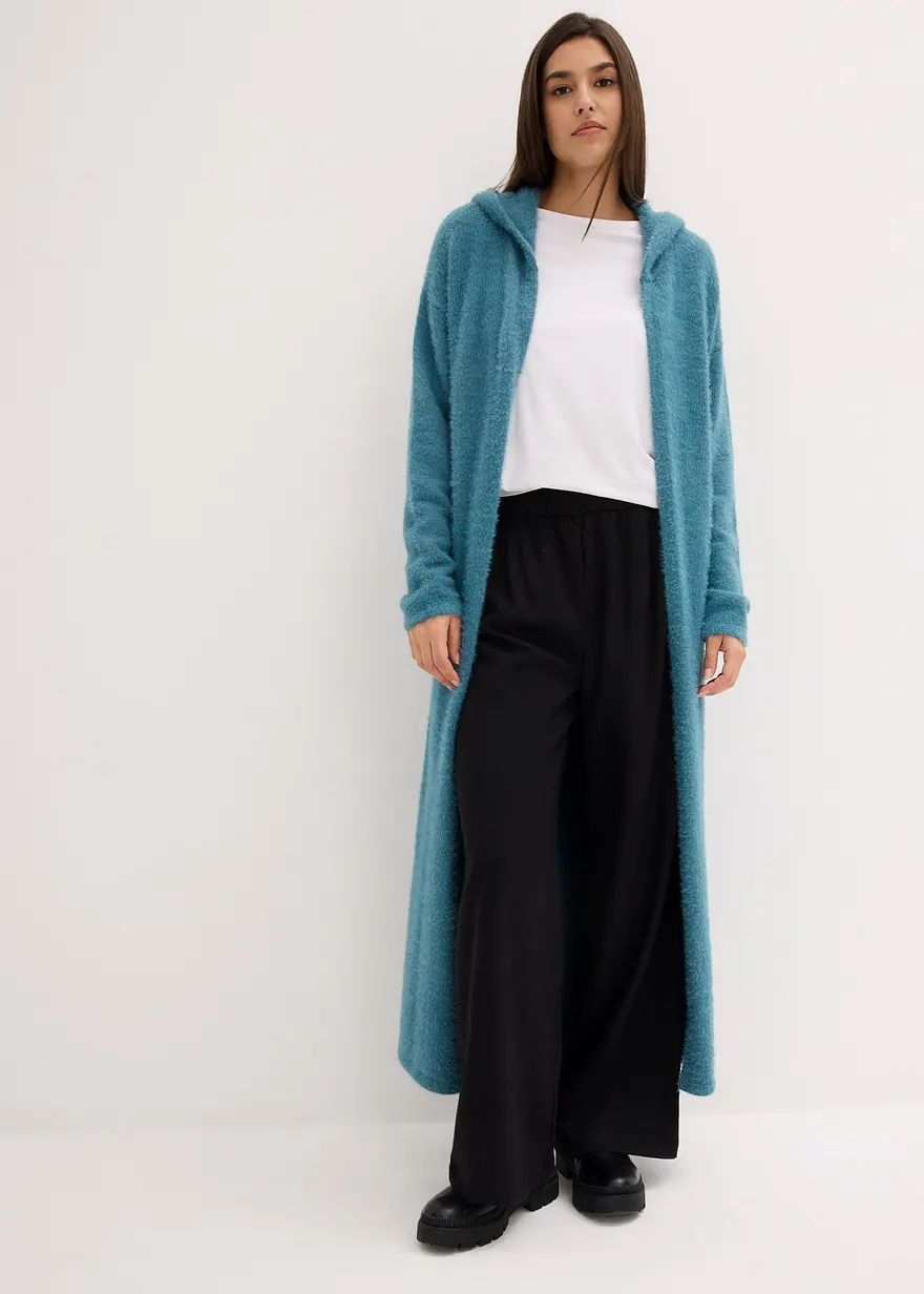 Bonprix Langer Strickmantel Mit Kapuze Mit Viskose - Petrol