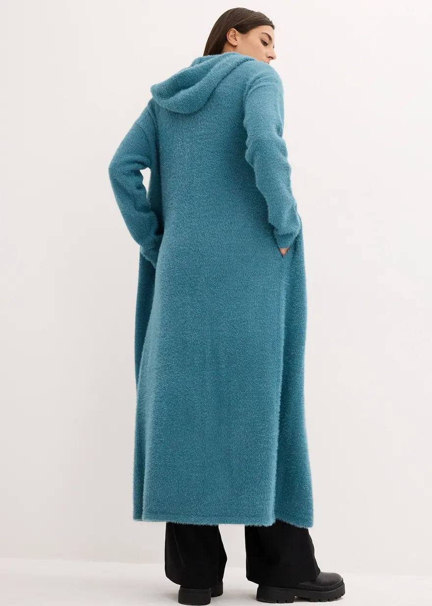Bonprix Langer Strickmantel Mit Kapuze Mit Viskose - Petrol