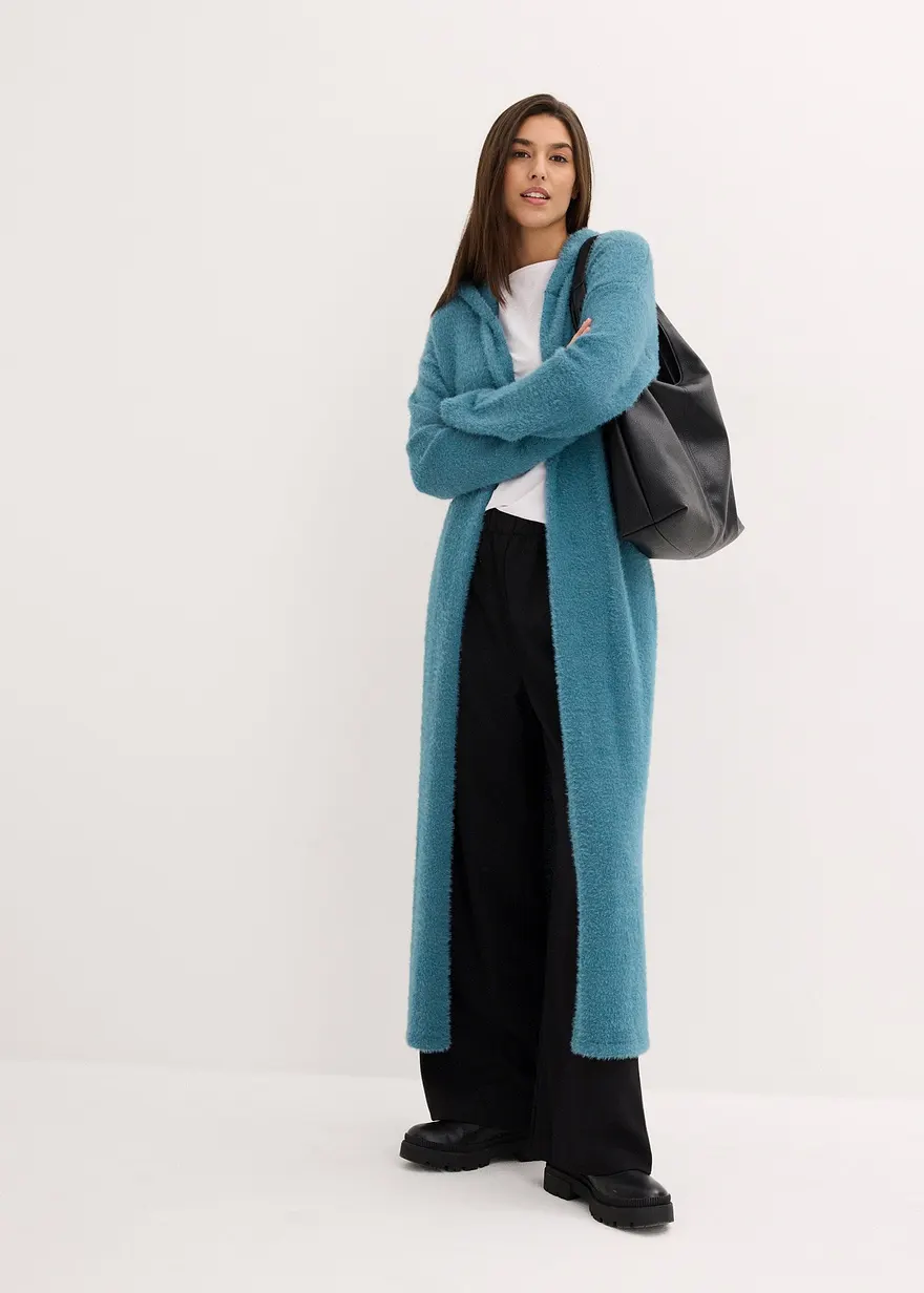 Bonprix Langer Strickmantel Mit Kapuze Mit Viskose - Petrol