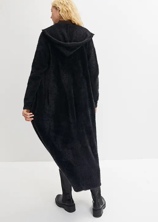 Bonprix Langer Strickmantel Mit Kapuze Mit Viskose - Schwarz