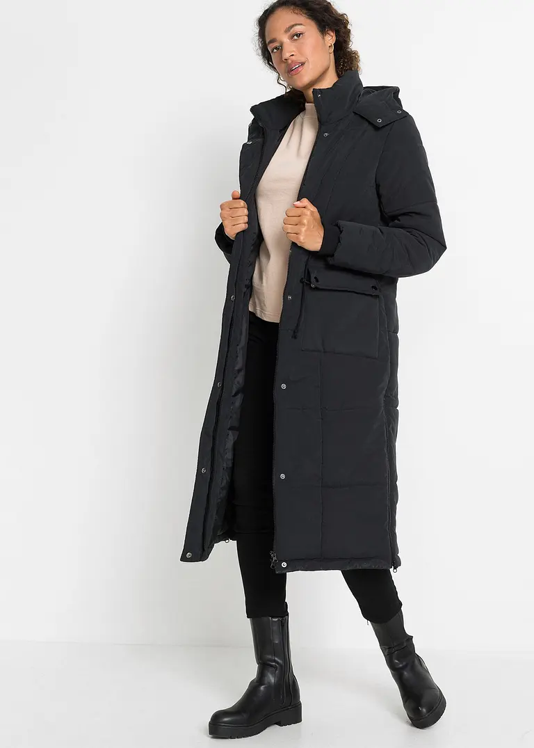 Bonprix Langer Wintermantel Mit Kapuze - Schwarz - Damen