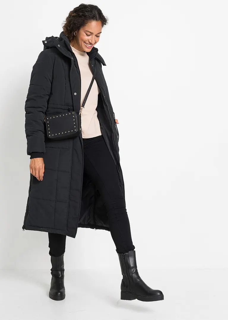 Bonprix Langer Wintermantel Mit Kapuze - Schwarz - Damen