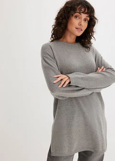 Bonprix Längerer Feinstrickpullover Mit Modischen Seitenschlitzen - Grau