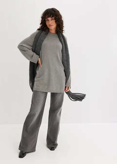 Bonprix Längerer Feinstrickpullover Mit Modischen Seitenschlitzen - Grau