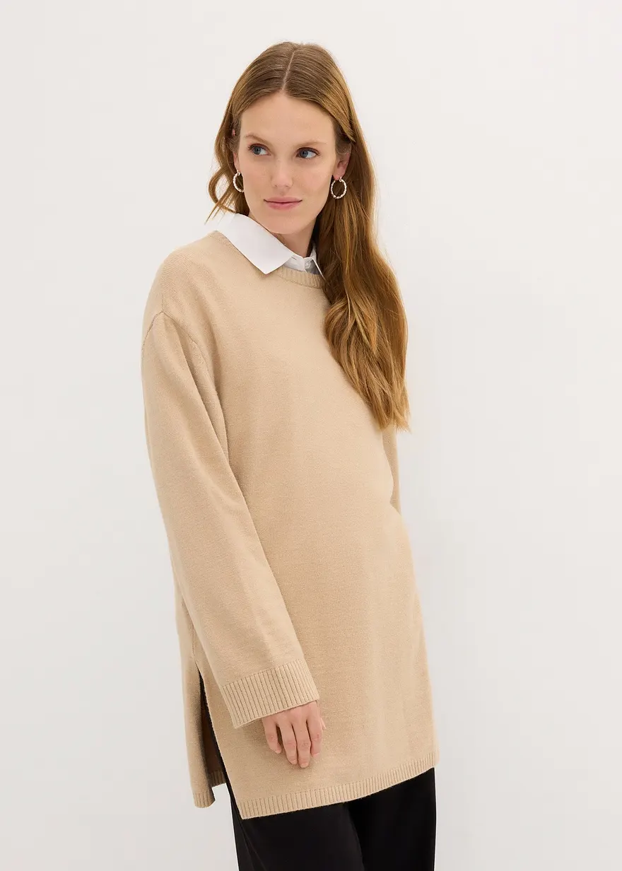 Bonprix Längerer Feinstrickpullover Mit Modischen Seitenschlitzen - Beige
