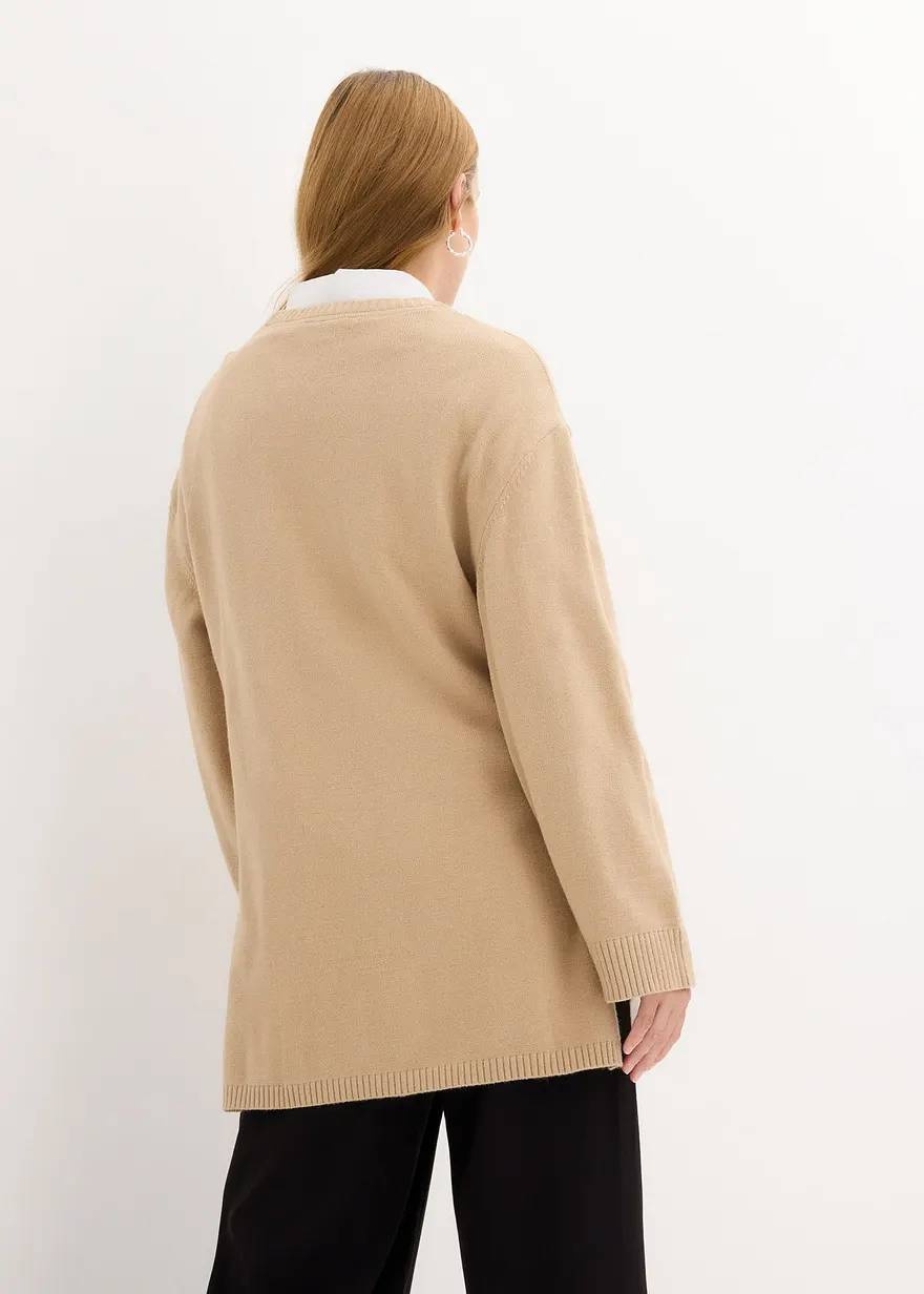 Bonprix Längerer Feinstrickpullover Mit Modischen Seitenschlitzen - Beige