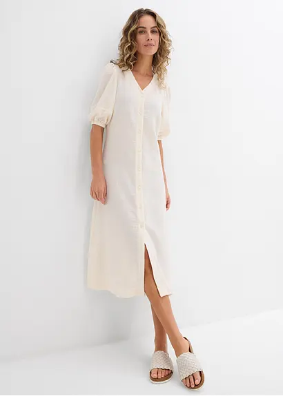 Bonprix Langes Kleid Mit Knopfleiste Und Volumenärmeln - Beige