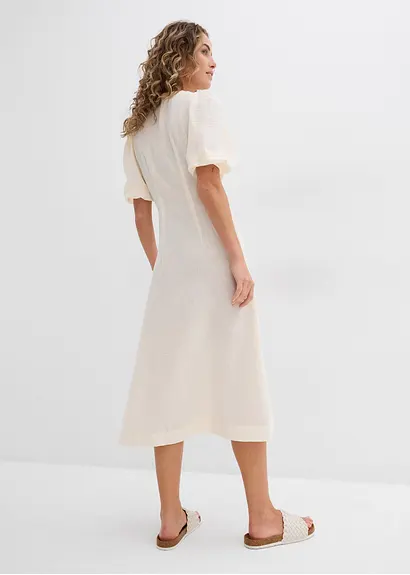 Bonprix Langes Kleid Mit Knopfleiste Und Volumenärmeln - Beige