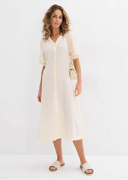 Bonprix Langes Kleid Mit Knopfleiste Und Volumenärmeln - Beige