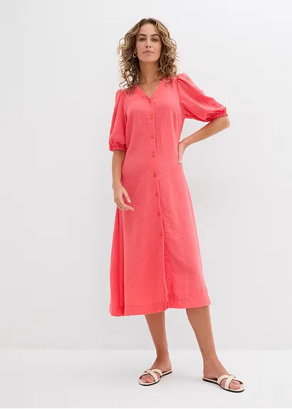 Bonprix Langes Kleid Mit Knopfleiste Und Volumenärmeln - Pink