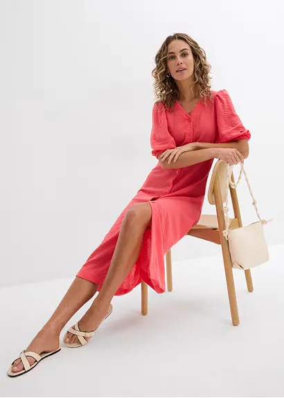 Bonprix Langes Kleid Mit Knopfleiste Und Volumenärmeln - Pink