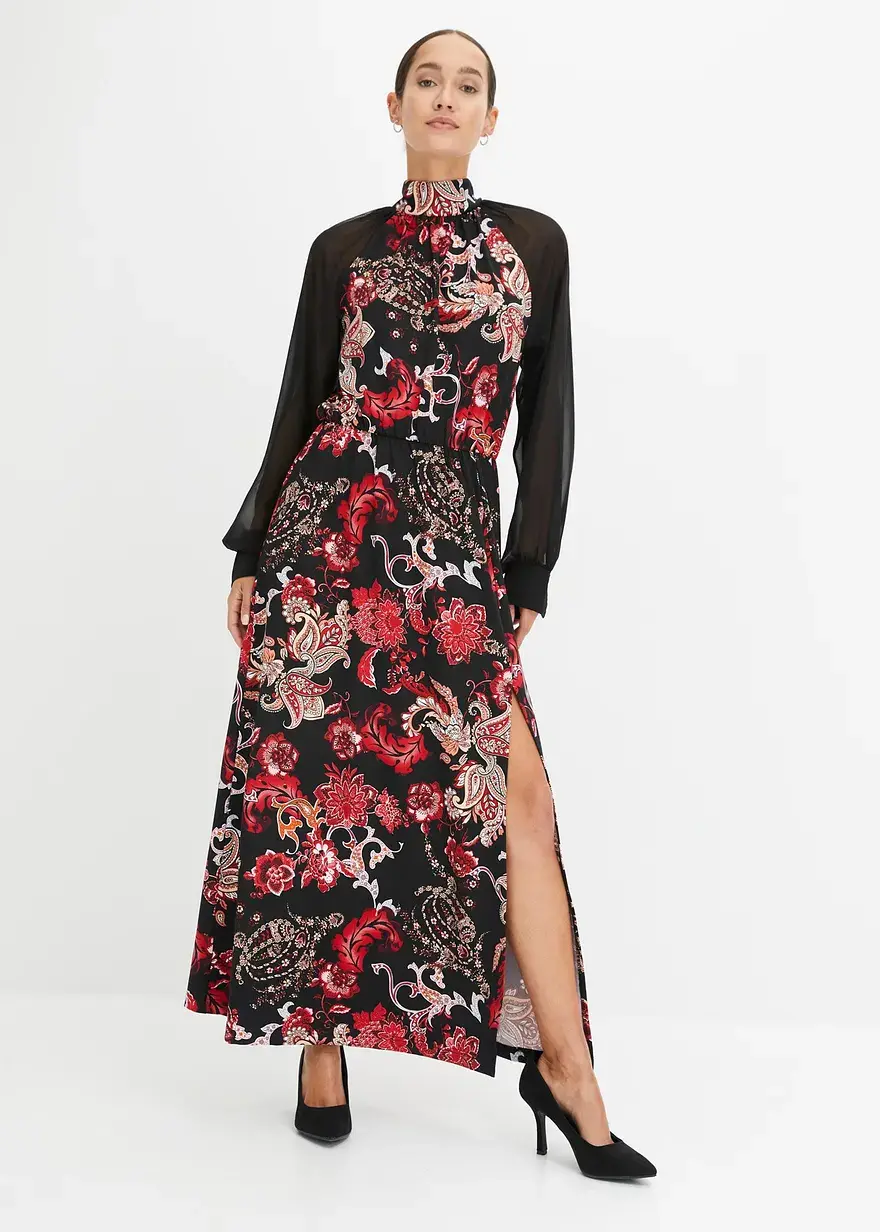 Bonprix Langes Maxikleid Mit Modernem Muster - Schwarz - Damen