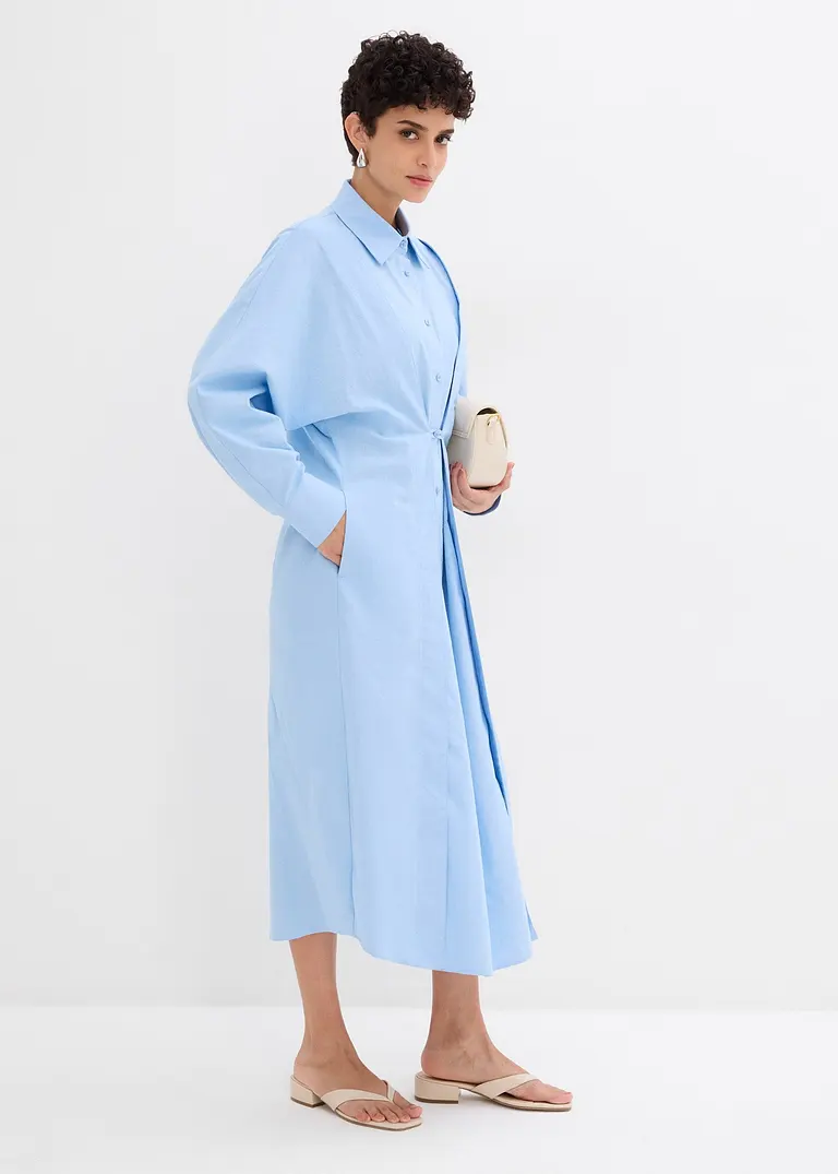 Bonprix Langes Midi-Hemdkleid Mit Kragen Und Taillenschlaufen Die Für Eine Tailliertere Passform An Einem Knopf Mittig Auf Der Vorderseite Befestigt Werden Können