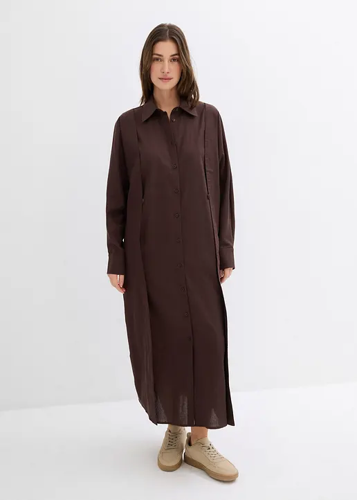 Bonprix Langes Midi-Hemdkleid Mit Kragen Und Taillenschlaufen Die Für Eine Tailliertere Passform An Einem Knopf Mittig Auf Der Vorderseite Befestigt Werden Können