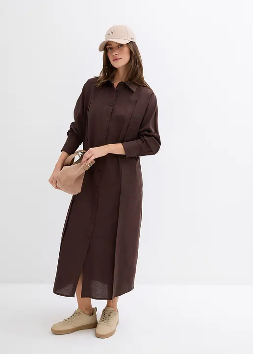 Bonprix Langes Midi-Hemdkleid Mit Kragen Und Taillenschlaufen Die Für Eine Tailliertere Passform An Einem Knopf Mittig Auf Der Vorderseite Befestigt Werden Können
