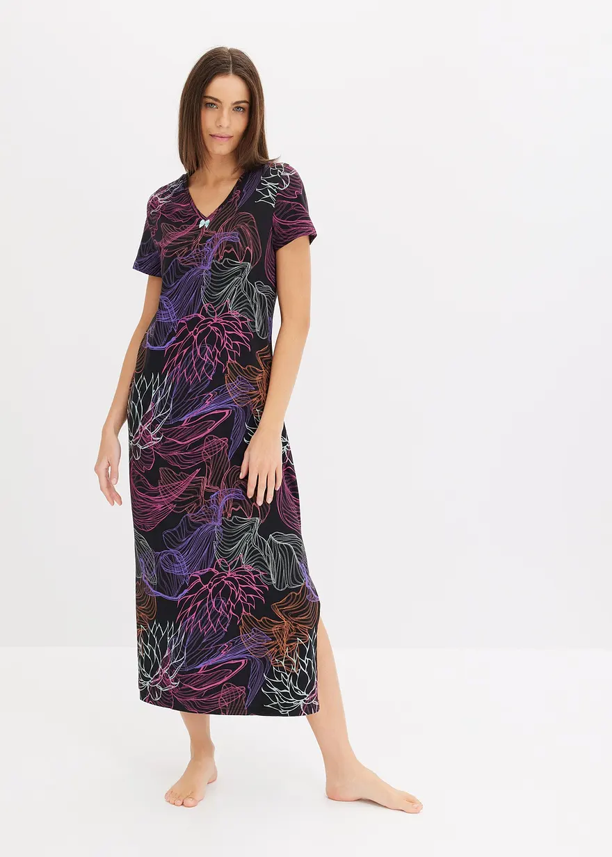 Bonprix Langes Nachtkleid Mit Kurzen Arm Und Schönem Druck - Schwarz