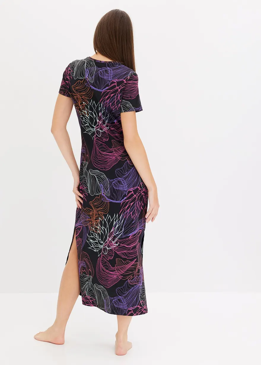 Bonprix Langes Nachtkleid Mit Kurzen Arm Und Schönem Druck - Schwarz