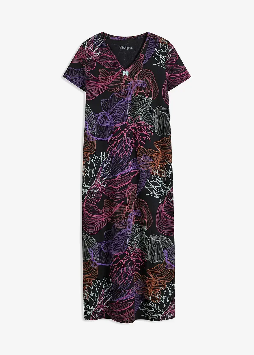 bonprix Langes Nachtkleid mit kurzen Arm und schönem Druck - schwarz