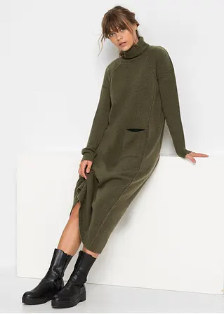 Bonprix Langes Strickkleid Mit Rollkragen Und Seitlicher Tasche - Grün