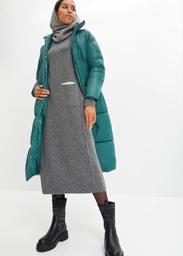 Bonprix Langes Strickkleid Mit Rollkragen Und Seitlicher Tasche - Grau