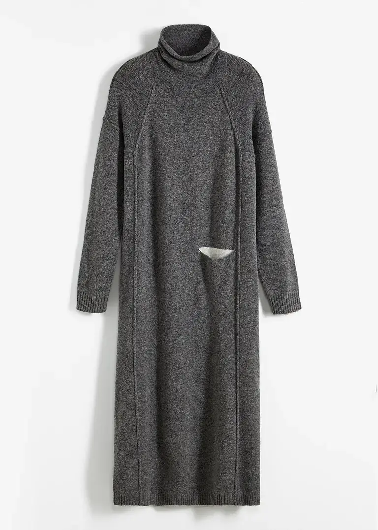 bonprix Langes Strickkleid mit Rollkragen und seitlicher Tasche - grau