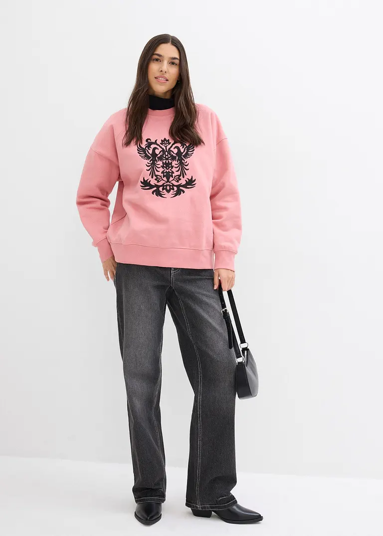 Bonprix Langes Sweatshirt Mit Schöner Stickerei - Rosa - Damen