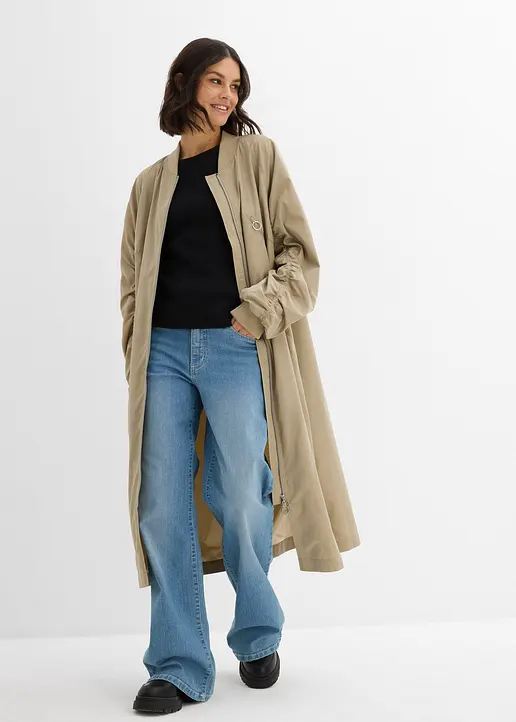 Bonprix Lässig-moderner Mantel Mit Raffdetail Am Ärmel Strickbündchen Und Leistentaschen