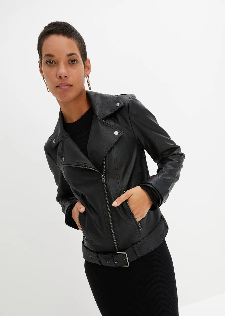 Bonprix Lässige Biker-Jacke Aus Lederimitat Im Oversized Look - Schwarz