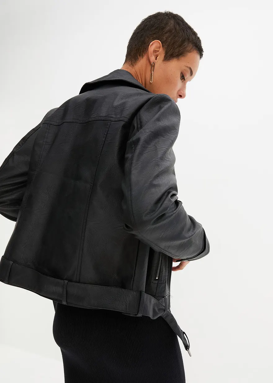 Bonprix Lässige Biker-Jacke Aus Lederimitat Im Oversized Look - Schwarz