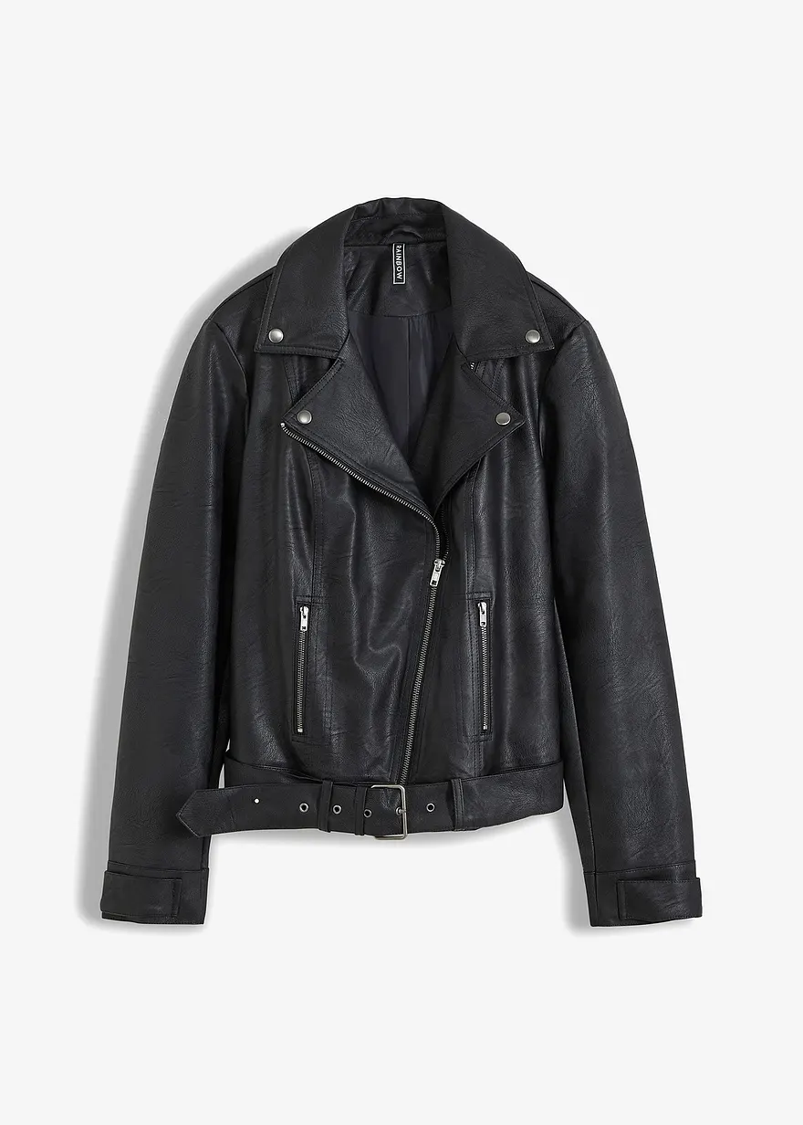 bonprix Lässige Biker-Jacke aus Lederimitat im Oversized Look - schwarz