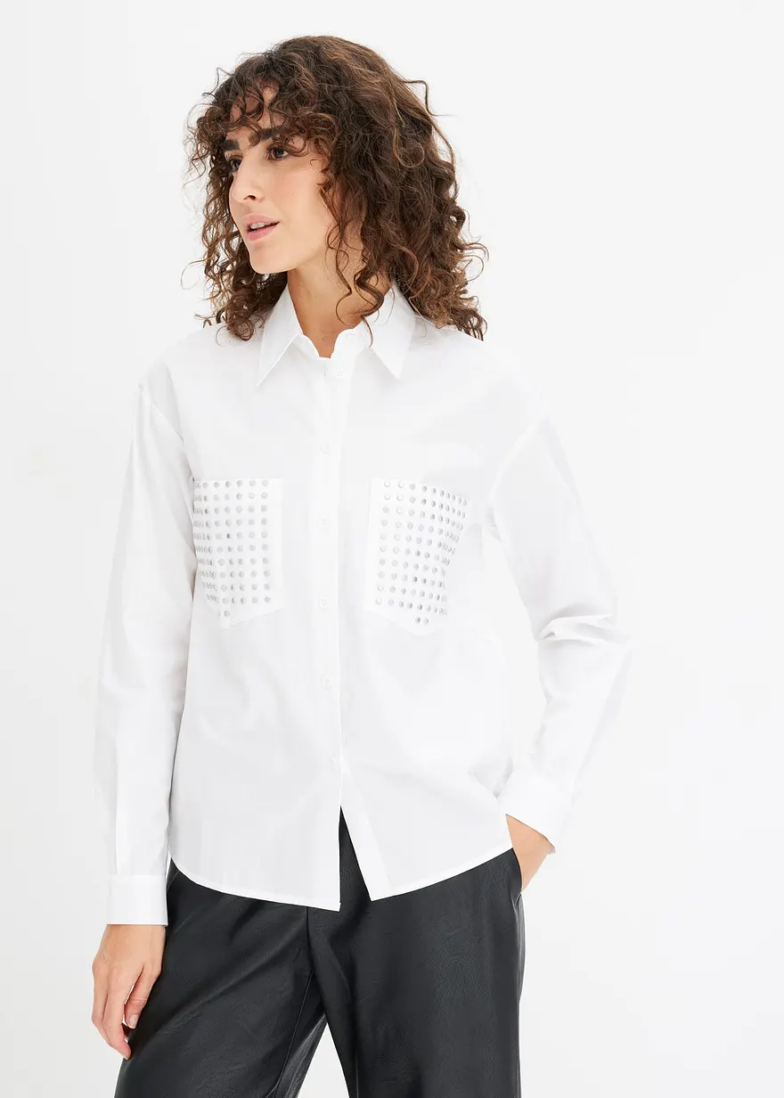 Bonprix Lässige Bluse Mit Aufgesetzten Taschen Und Nieten - Weiß - Damen